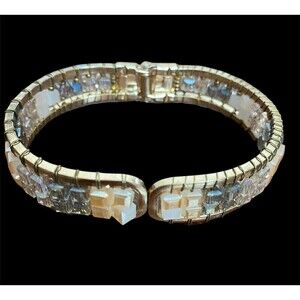 Bangle Clamper Bracelet Goldtone with Multi-Color Aurora Borealis Stones AB